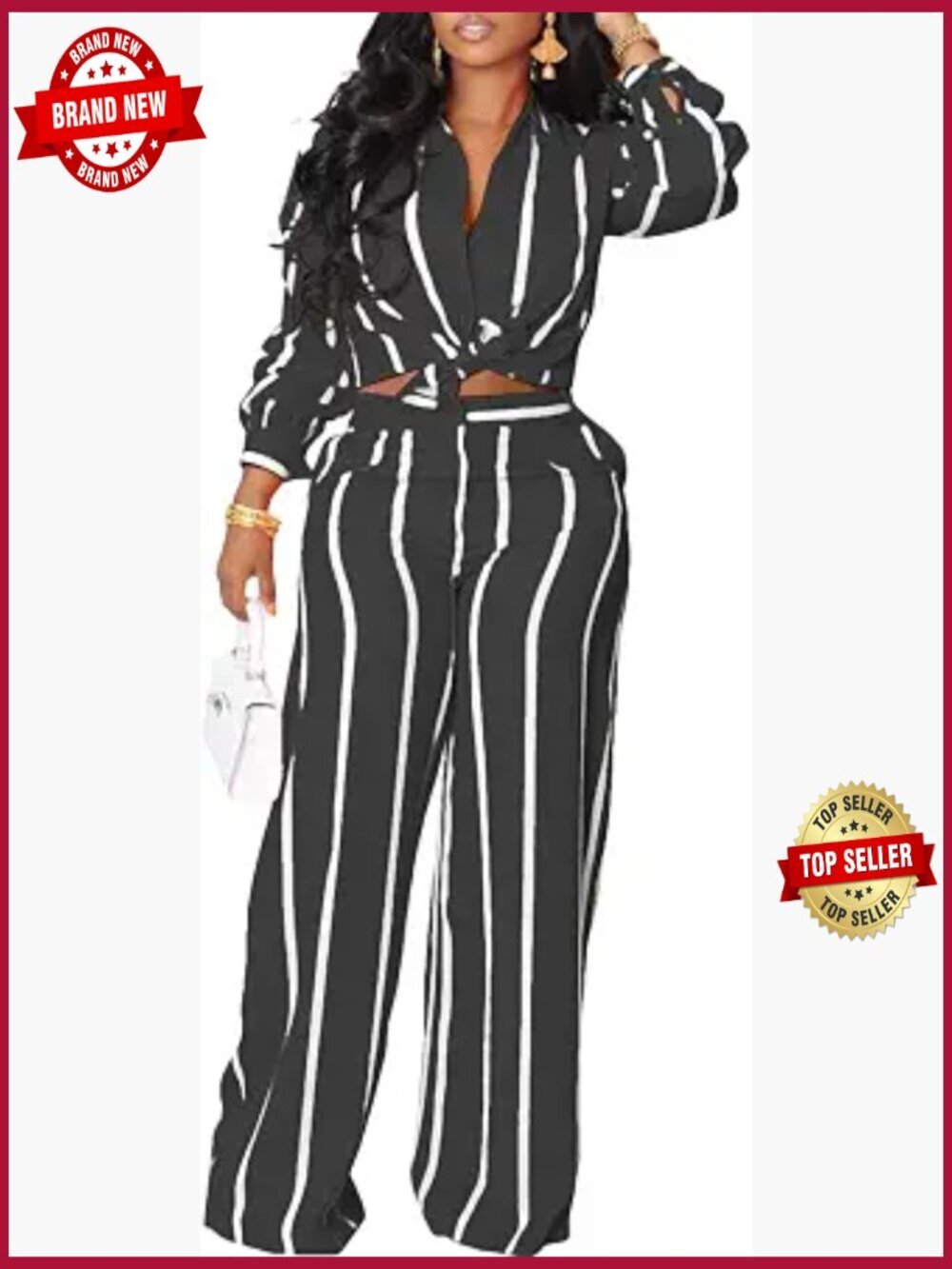 2 Piece Outfits for Women Stripe Long Sleeve Button Down Shirt Wide Leg Pants